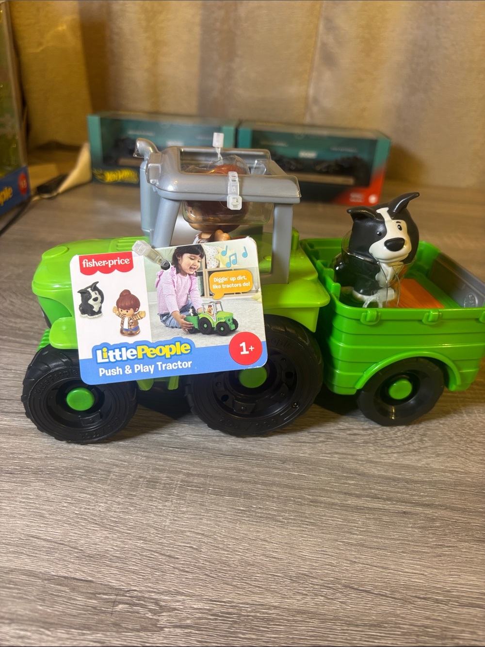 Fisher-Price Little People Green Tractor with Black & White Dog